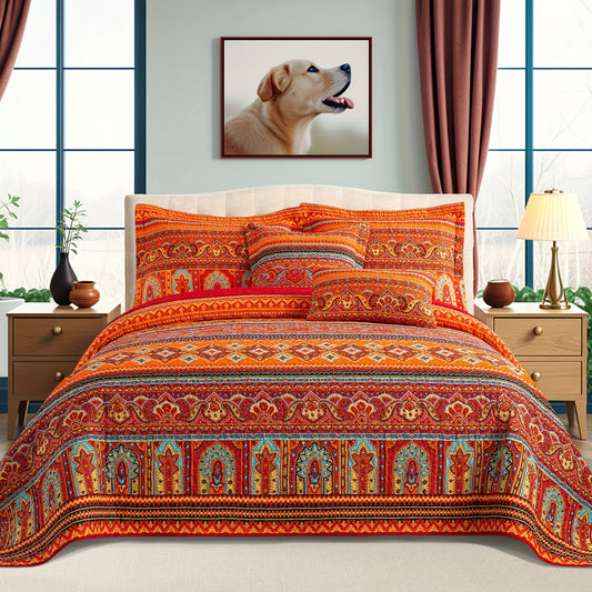 3pcs Cotton Bed Comforter Sets Queen King California King Oversized Size - Orange & Red Boho Lightweight Bedding - Bohemian Quilted Quilt Bedding Sets with 2 Pillow Shams for Bed Decor Coverlet, 90x98in, 98x106in, 108x118in