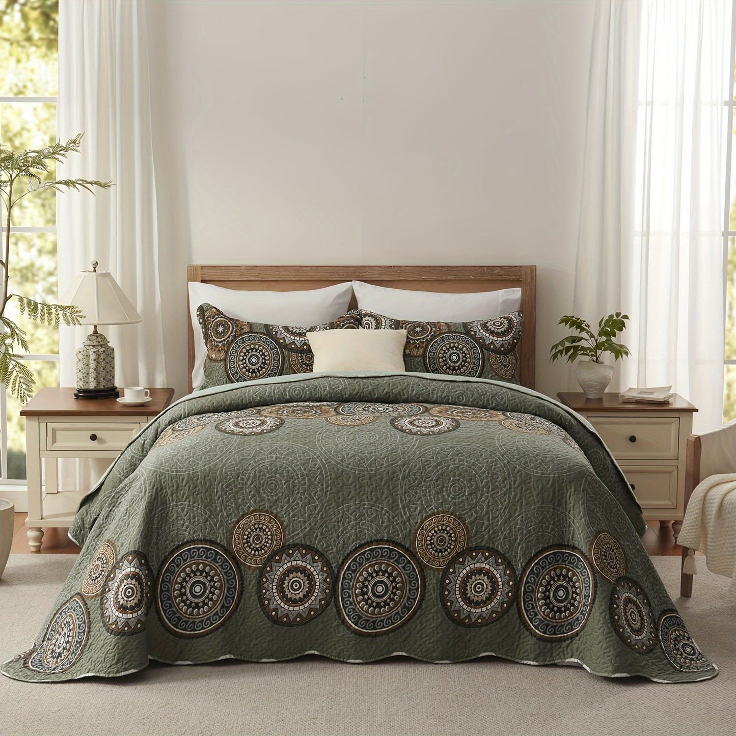 3pcs Queen And King Size Quilt Set, Orange Rust Olive Green Grey Bedspread Coverlet, Soft Lightweight Microfiber Floral Blanket, Luxurious Warm Oversized Bed Cover for All Seasons (1 Quilt, 2 Pillow Shams)