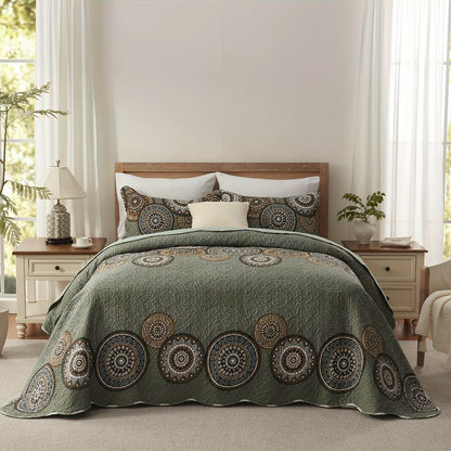3pcs Queen And King Size Quilt Set, Orange Rust Olive Green Grey Bedspread Coverlet, Soft Lightweight Microfiber Floral Blanket, Luxurious Warm Oversized Bed Cover for All Seasons (1 Quilt, 2 Pillow Shams)