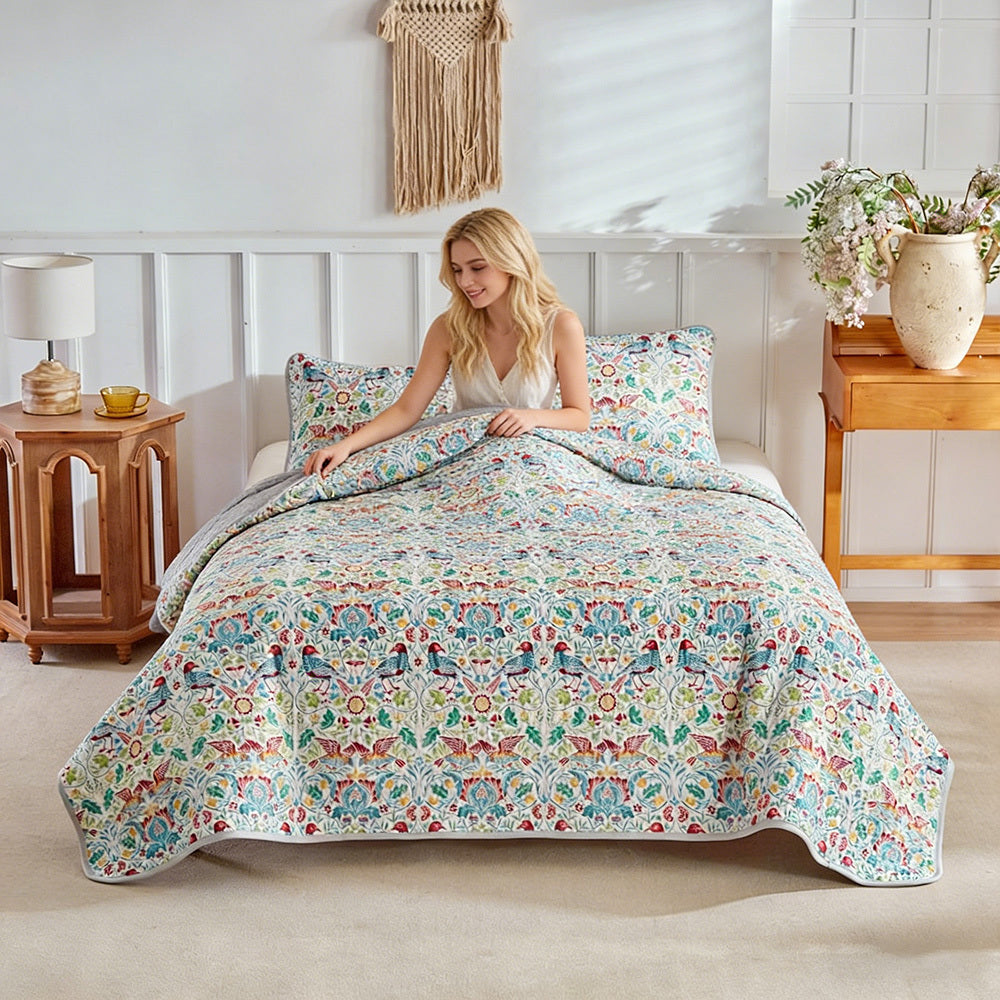 Luxury Bohemian Quilt Set With Floral And Bird Pattern | Double-Sided Quilted Bedspread And 2 Pillowcases, Machine Washable, Soft, Breathable, Sweat-Absorbent Polyester Bedding For All Seasons, Ideal For Home, Sofa, Living Room Decor