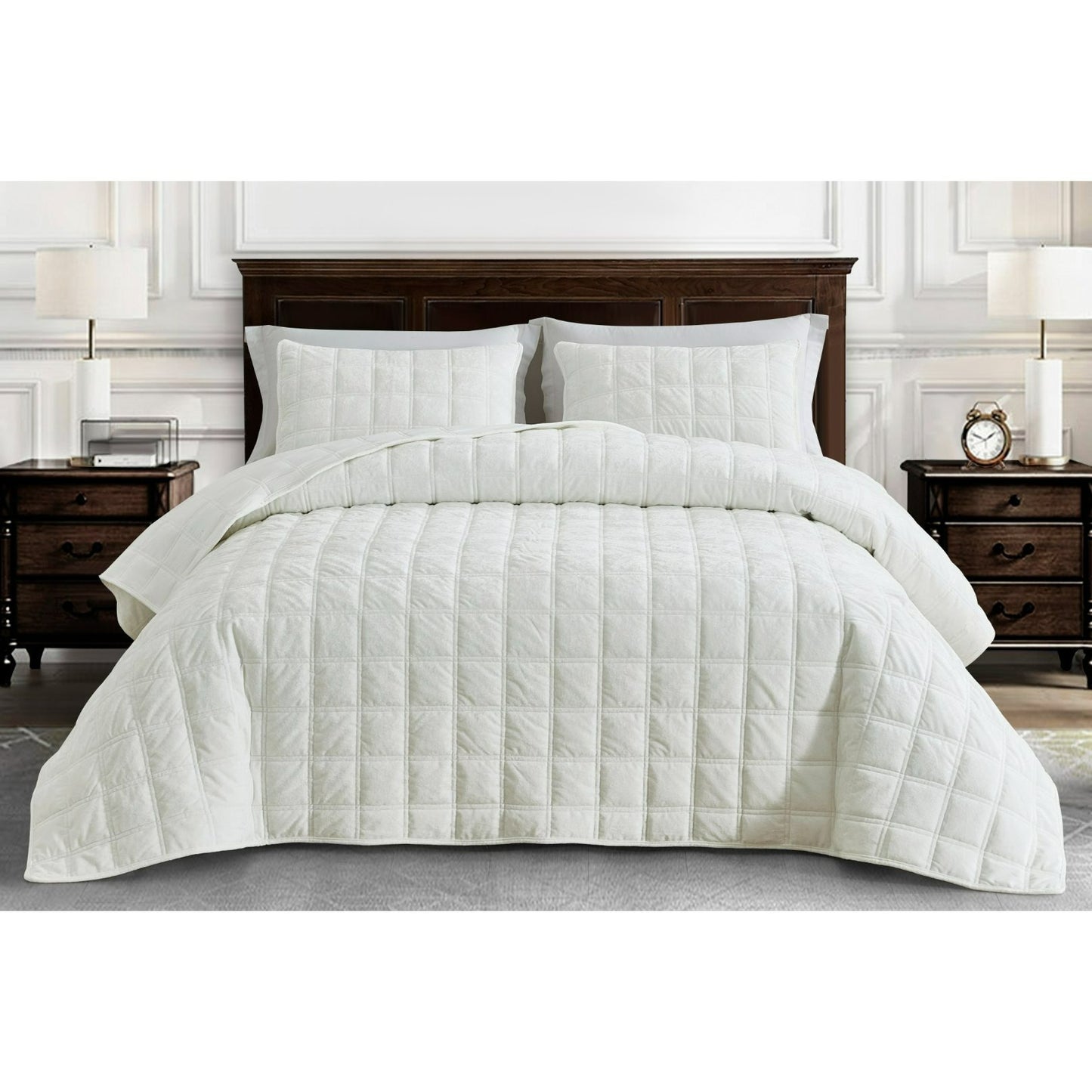 3-Piece Distressed Velvet Quilt Set, Piers Plush Velvet Bedspread Soft Washed Microfiber Reverse with Double Square Stitch Oversized King/King/Queen Size