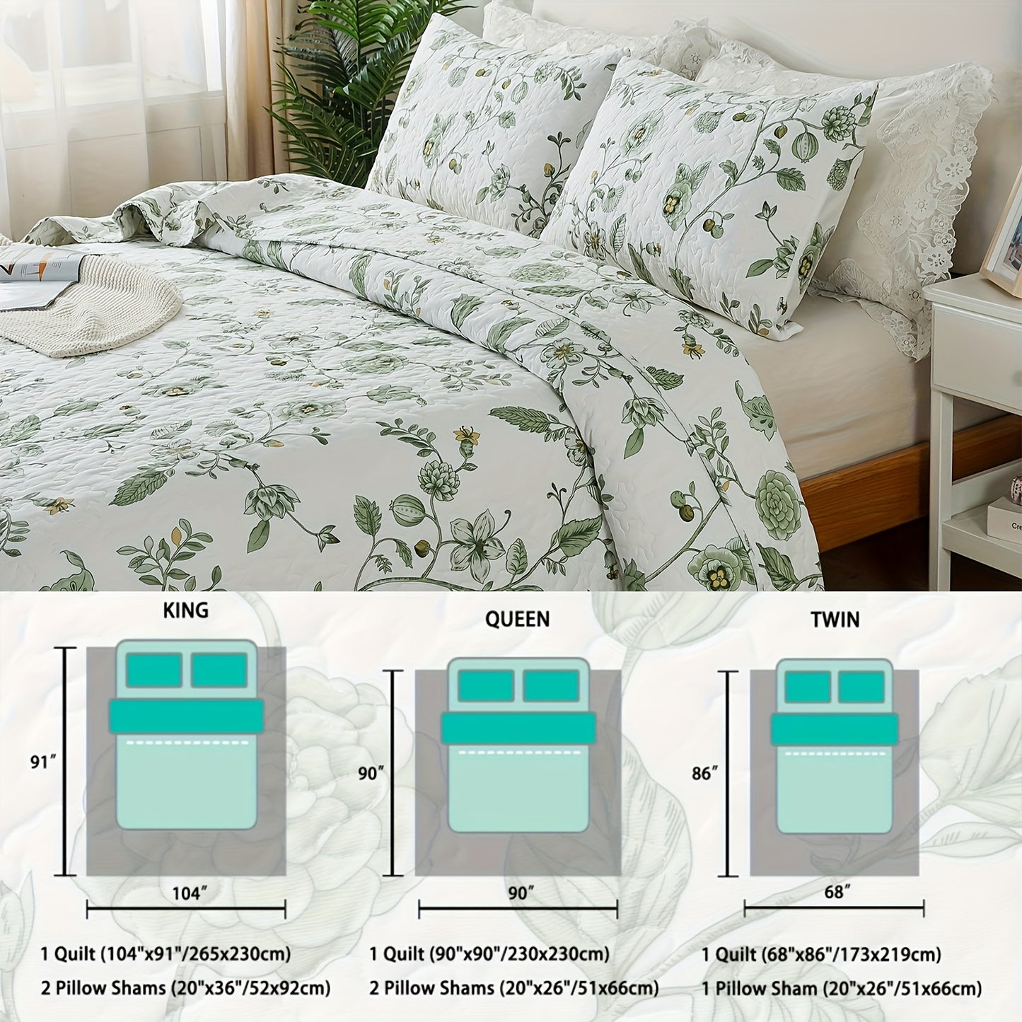 100% Floral Pattern White Quilt Set, Green Flower Print Farmhouse Summer Bedspread Set, Soft Breathable Lightweight Rustic Coverlet Bedding Sets, for All Season, 3pcs (Twin Size 2pcs)