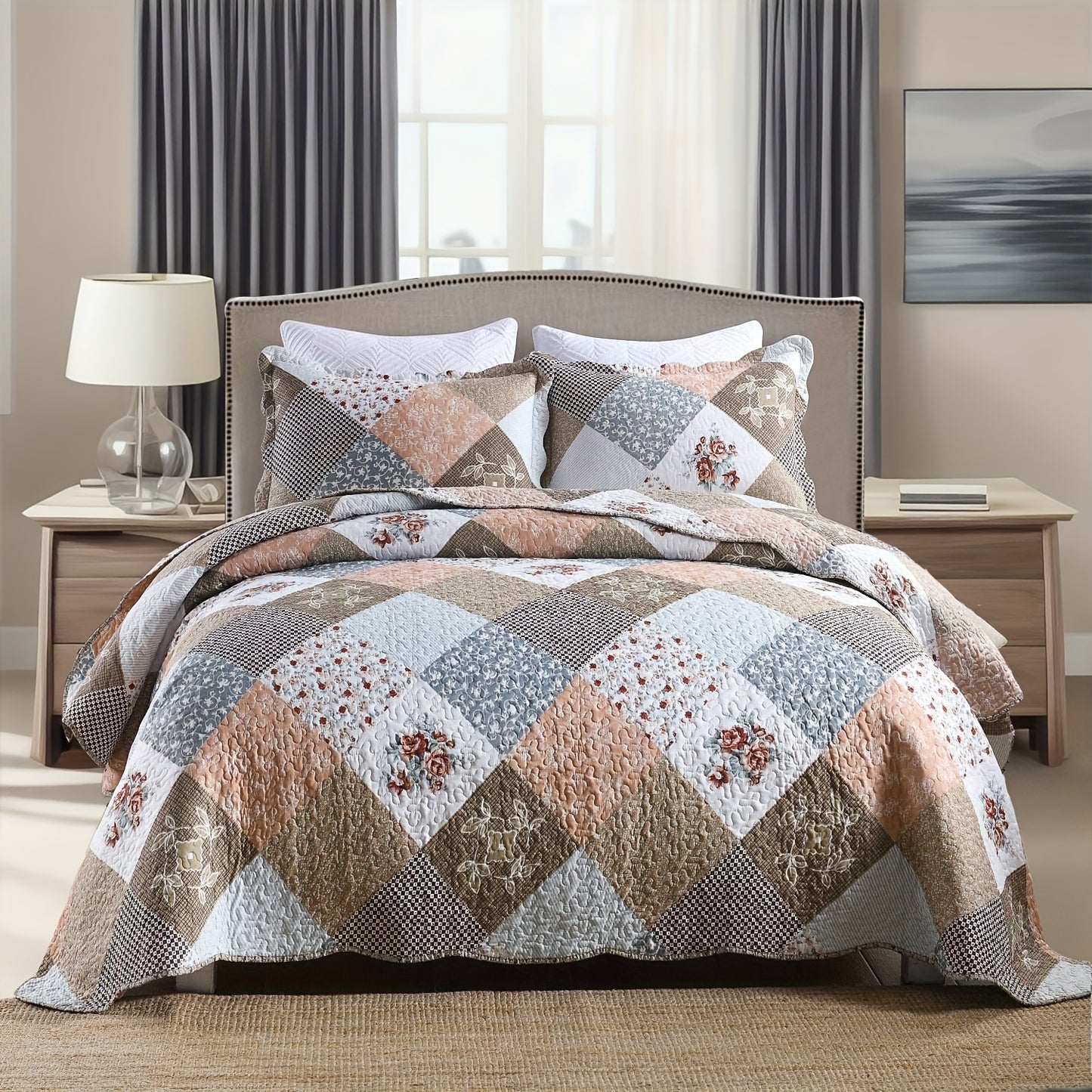 Garden Floral Printed 3pcs Quilt Set, Lightweight Reversible Microfiber Bedspread and Coverlet Set with Shams, Machine Washable, All Season Comfort, Oversized Quilted Bedding (1 Bedspread, 2 Pillowcase, Without Core), Brown