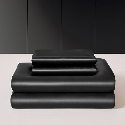 4pcs 100% Polyester 80G Satin Fitted Sheet Set [1 Fitted Sheet + 1 Flat Sheet + 2 Pillowcases (Without Inserts)] Soft Fabric Bedroom All-Season Versatile Style No Shrinkage No Pilling Machine Washable Light Luxury High-End Fitted Sheet Student Dormi