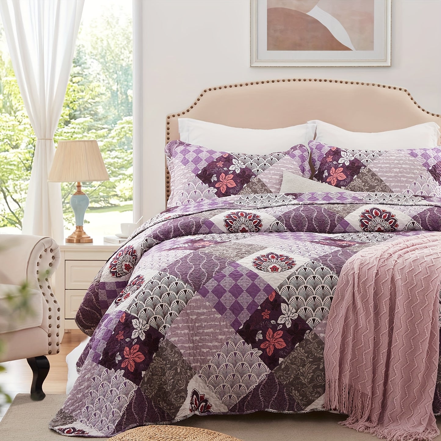 Twin, Queen And King Size Quilt Set - Brown, Grey, Blue And Purple Reversible Bedspread with 1-2 Pillow Shams - Soft Lightweight Oversized Coverlet - Warm Patchwork Bed Cover for All Seasons