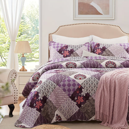 Twin, Queen And King Size Quilt Set - Brown, Grey, Blue And Purple Reversible Bedspread with 1-2 Pillow Shams - Soft Lightweight Oversized Coverlet - Warm Patchwork Bed Cover for All Seasons