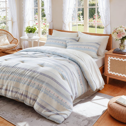 King Size Comforter Set- 7pcs Boho Bed In A Bag Queen Size Include 1 Patchwork Down Alternative Quilt & 1 Flat Sheet & 1 Fitted Sheet In 16" Deep Pockets & 2 Pillowcase & 2 Printed Pillow Shams, Bedding Sheet Set For All Seasons, Machine