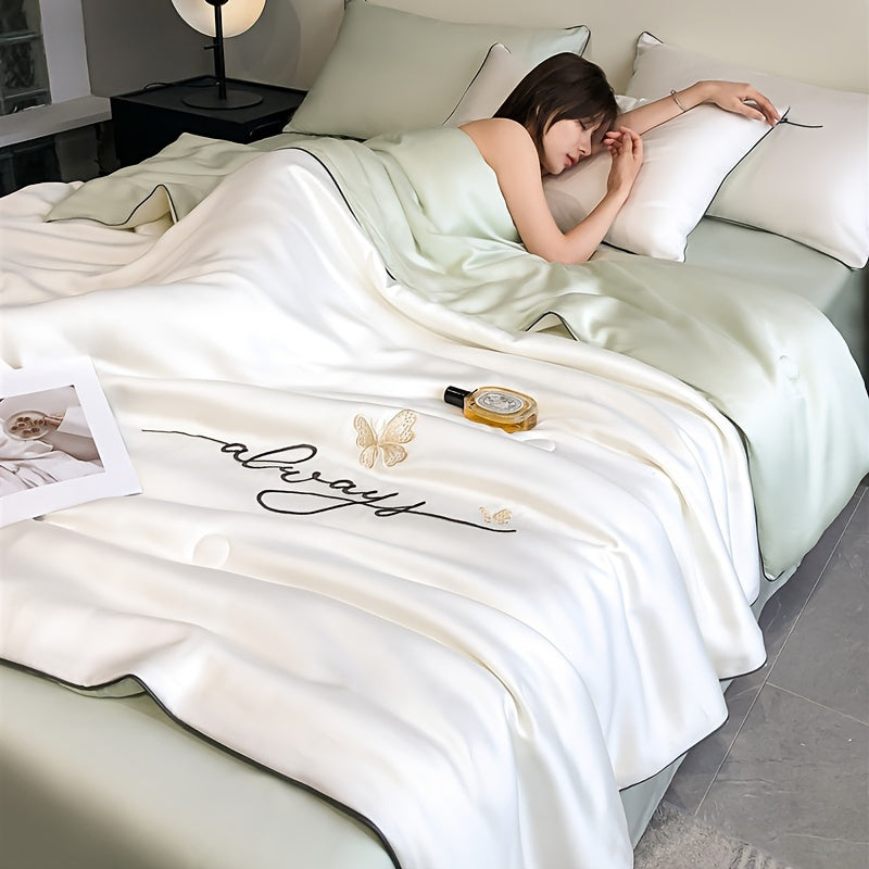 1pc Ultra Soft Summer Cool Quilt (1 Summer Quilt, Pillow Not Included) Luxury Ice Fiber Fabric Embroidered Comfortable Air Conditioner Quilt Multi-Functional Summer Cool Quilt Cool Thin Quilt Bedding