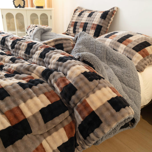 3pcs Quilt Set (1 Quilt + 2 Pillowcases) | Thick, All-season Quilting | Double-sided Faux Rabbit Fur Quilt Cover, Warm for the Bedroom | Christmas Gift | Bohemian Style | Perfect for Bedrooms, Guest Rooms, Dorm Rooms, or Bedroom Decor
