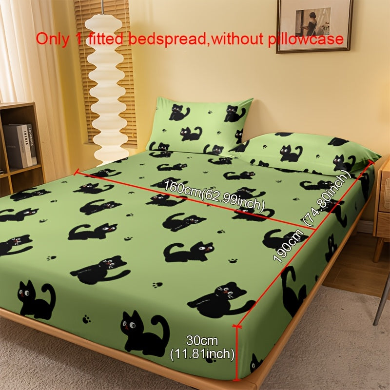 Cute Cartoon Black Cat Print Fitted Sheet - Soft Brushed Polyester, Deep Pocket Design for Bedroom & Guest Room Decor, Machine Washable, Christmas present