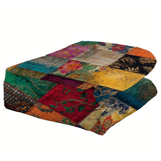 1pc Bohemian Kantha Style Comforter/Multicolor Patchwork Bedspread/Medium Weight All-Season Quilt with Fill/Machine Washable Bed Cover for Dorm, Bed, Guest Room or New Home Moving/Contemporary Boho Bedding
