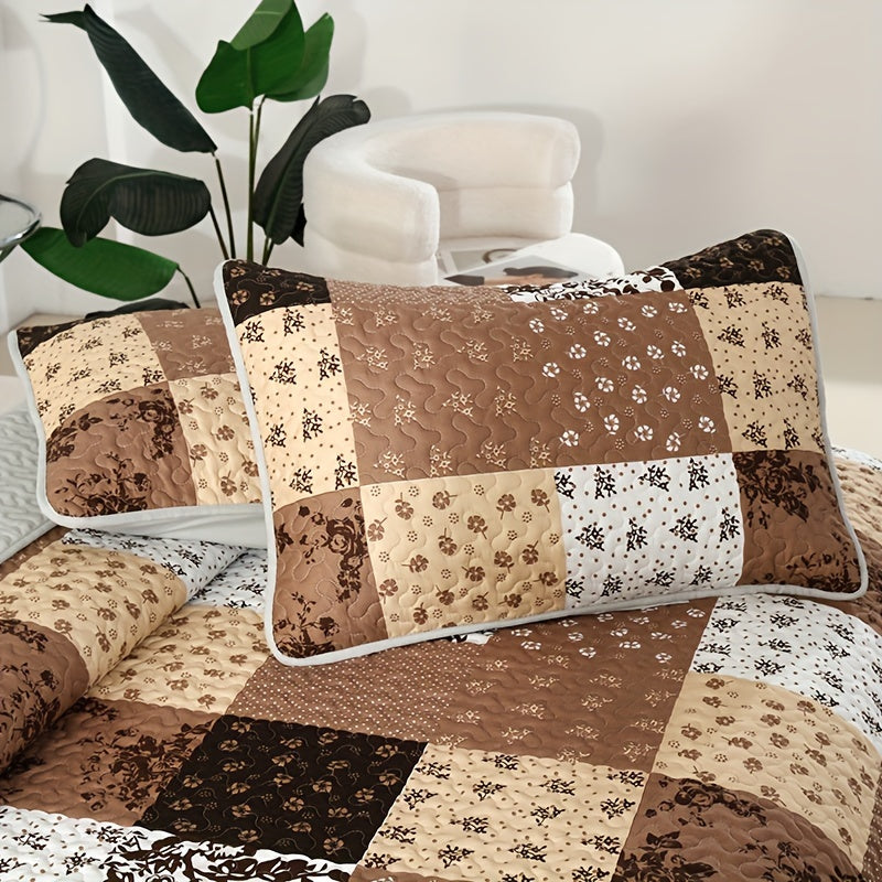 3pcs Brushed Printed Quilt Set, Square Floral Printed Bedspread Set