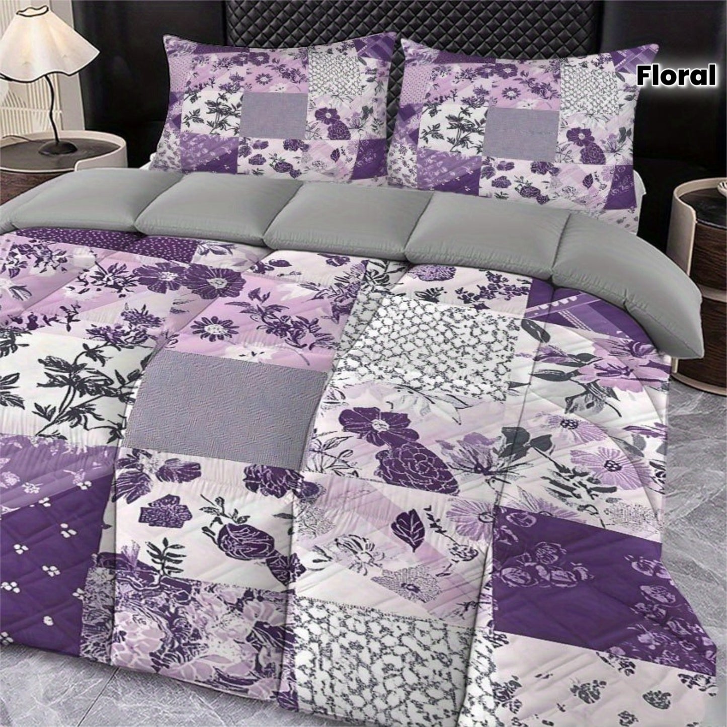 Latacaca 3pcs Patchwork Floral Quilt Set Purple Pattern Bed Cover Set Elegant Bedding Set 1 Quilt + 2 Pillowcases Holiday Gift Idea for Merry Christmas Winter Season