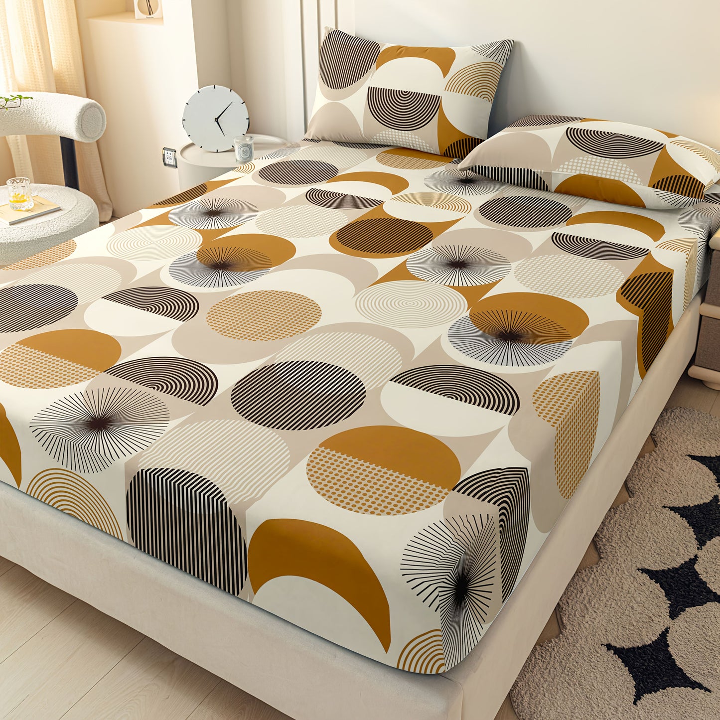 [Soft Comfortable] 3pcs Soft Comfortable Geometric Fitted Sheet Set | All-Season Mattress Protector, Fashionable Classic Deep Pocket Breathable Bedding Set, Bedroom Guest Room Decoration (1 Fitted Sheet + 2 Pillowcases, No Filler)