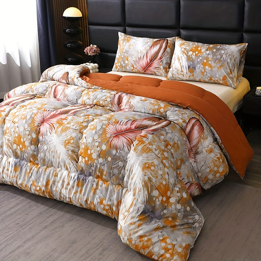 1pc Four-Season Quilt (Pillows Not Included), Orange-Themed with Harmonious Color Scheme, Warm and Artistic Style. Suitable for All Seasons. Polyester Fabric is Easy to Care, Synthetic Fiber is Durable, and the Filling is Fluffy and Soft. Available
