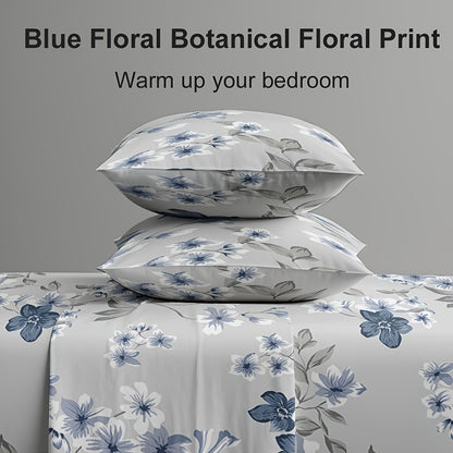4pcs Blue Floral Botanical Bed Sheet Set, Deep Pocket Fitted Sheet, Soft Microfiber Bedding, Hotel Grade Skin-Friendly, Wrinkle & Shrink Resistant, Breathable & Cooling, Optional Sizes: 3pcs for Twin/ 4pcs for Full, Queen, King Sizes