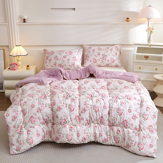 3pcs Fashion Romantic Rose Floral, Charming Color-Block Craftsmanship High-Elastic Polyester Fiber Filling, Curve Grid Positioning Quilting, Dark Contrast Easy Fashion, Suitable for All Seasons Bedroom, Guest Room, Dormitory, Travel