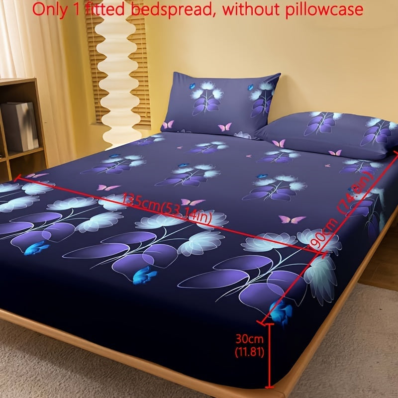 1pc Brushed Fitted Sheet, Soft Comfortable Butterfly Floral Print Bedding Fitted Sheet, for Bedroom, Guest Room, with Deep Pocket, Fitted Bed Sheet solely, Without Pillowcase