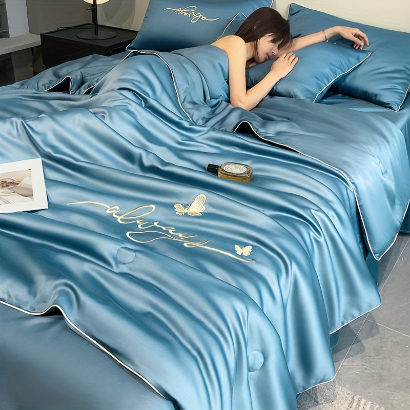 1pc Ultra Soft Summer Cool Quilt (1 Summer Quilt, Pillow Not Included) Luxury Ice Fiber Fabric Embroidered Comfortable Air Conditioner Quilt Multi-Functional Summer Cool Quilt Cool Thin Quilt Bedding