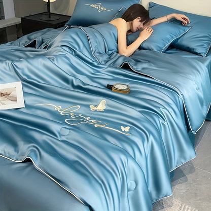 1pc Ultra Soft Summer Cool Quilt (1 Summer Quilt, Pillow Not Included) Luxury Ice Fiber Fabric Embroidered Comfortable Air Conditioner Quilt Multi-Functional Summer Cool Quilt Cool Thin Quilt Bedding