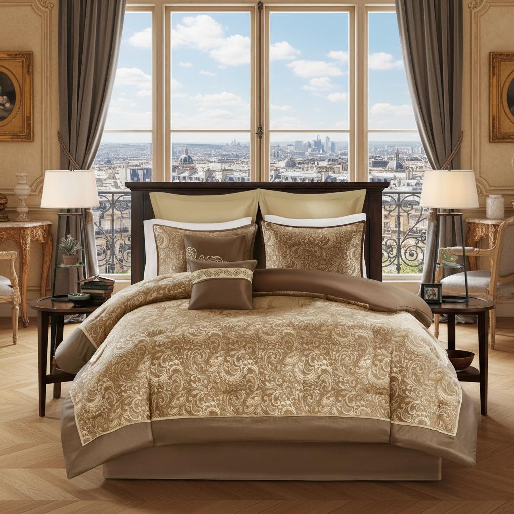 local warehouse 8 Piece Bedding Set with Lustrous Jacquard Paisley Pattern and Matching Bed Sheet, All-Season Down Alternative Comforter Set