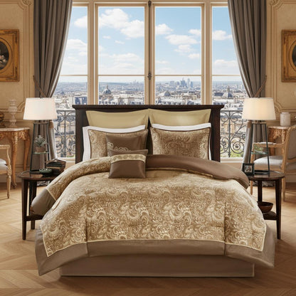 local warehouse 8 Piece Bedding Set with Lustrous Jacquard Paisley Pattern and Matching Bed Sheet, All-Season Down Alternative Comforter Set