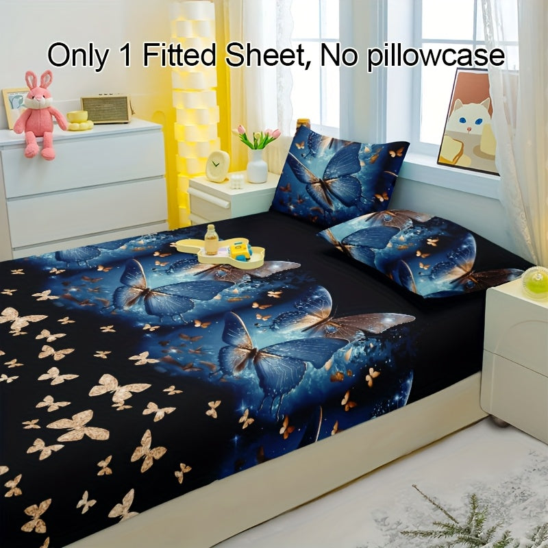 1pc Golden-Infused Blue Butterfly Pattern Printed Brushed Fitted Sheet, Printed Bedspread, Mattress Cover, Mattress Protector, Protective Cover for Bedding, Pillowcases Not Included