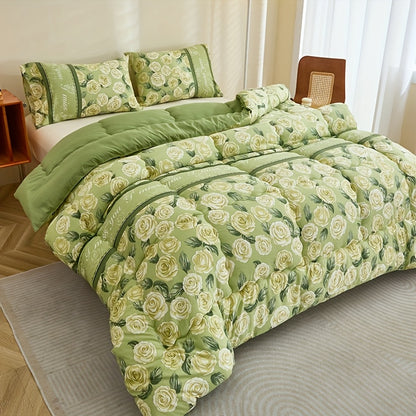 3pcs Fresh Green Rose Floral Set/Active Printing Technology/Multi-Directional Fixed Quilting/High Rebound Polyester Fiber Filling/Softer And Fluffier Feel/Suitable for Year-Round Use in Bedrooms, Guest Rooms, Dormitories