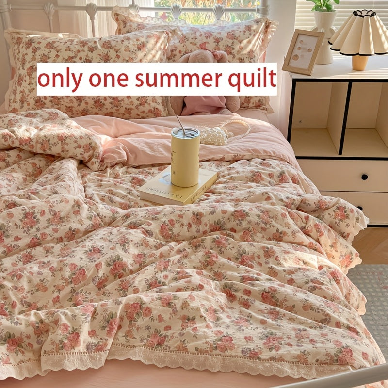 1pc Lace Trim Ultra-Soft Summer Quilt - Double-Layer Yarn, Lightweight and Breathable, Machine Washable, Romantic and Sweet Style Summer Cooling Quilt, Floral All-Season Lightweight Quilt, Perfect for Bedrooms, Guest Rooms, and Sofas
