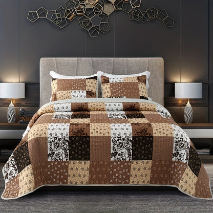 3pcs Brushed Printed Quilt Set, Square Floral Printed Bedspread Set