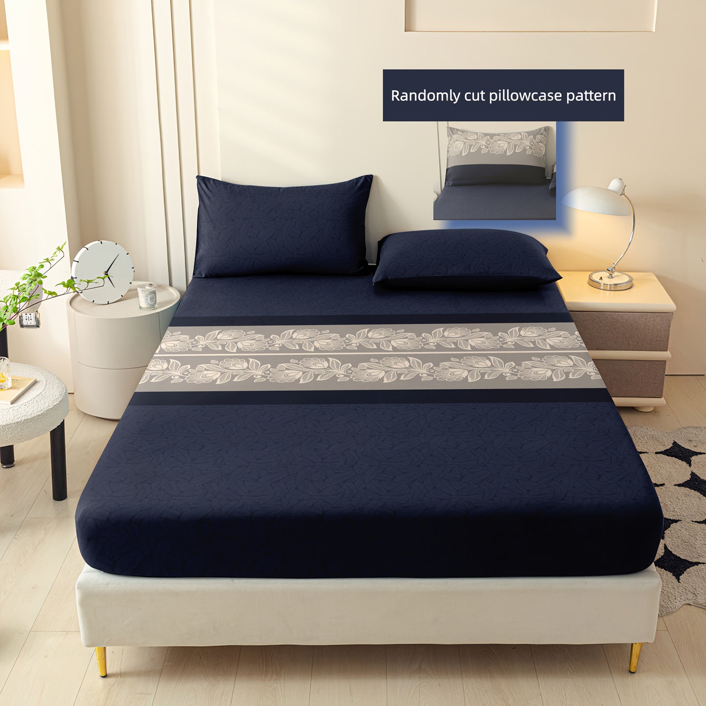 3pcs Navy  Luxury Jacquard Fitted Sheet Set: 2 Pillowcases, 1 Fitted Sheet, Twin Bed, Full Bed, Queen Size, King Size- Shrinkage and Fade - Soft Light Beige-friendly/ Easy to Care - Tight Fit Easily Fits into Mattress