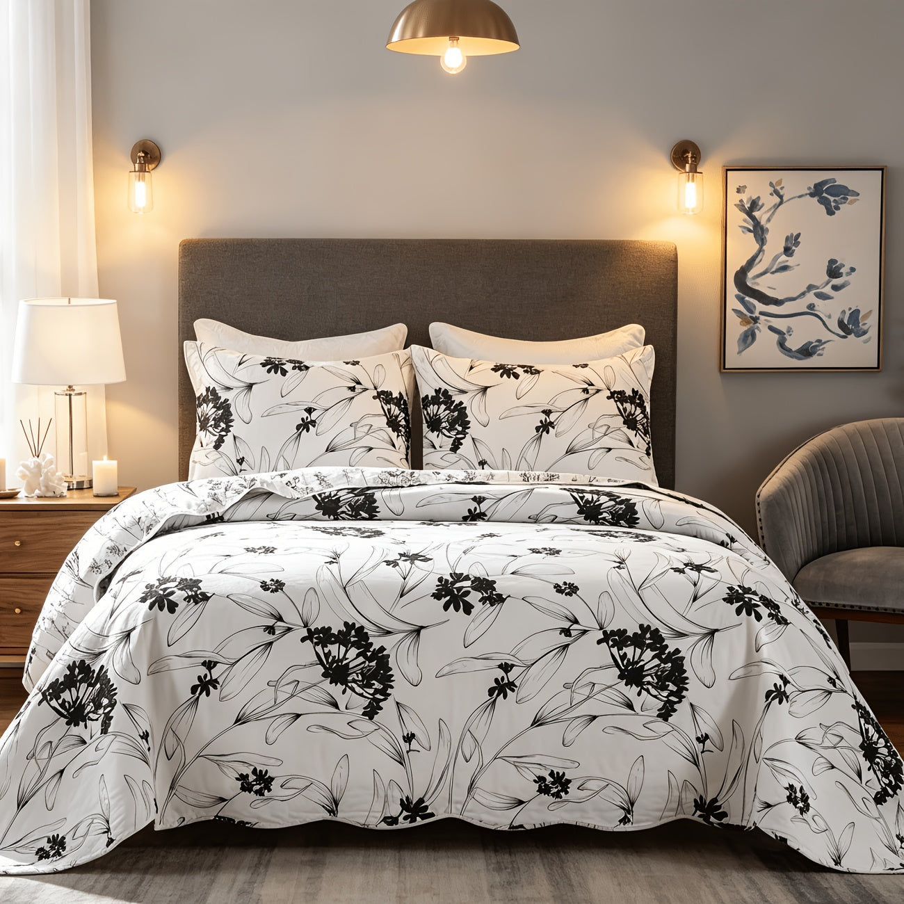 3pcs Green Patchwork Quilt Set Reversible Bedspread Lightweight Bedding with 2pcs Pillow Shams, All Season