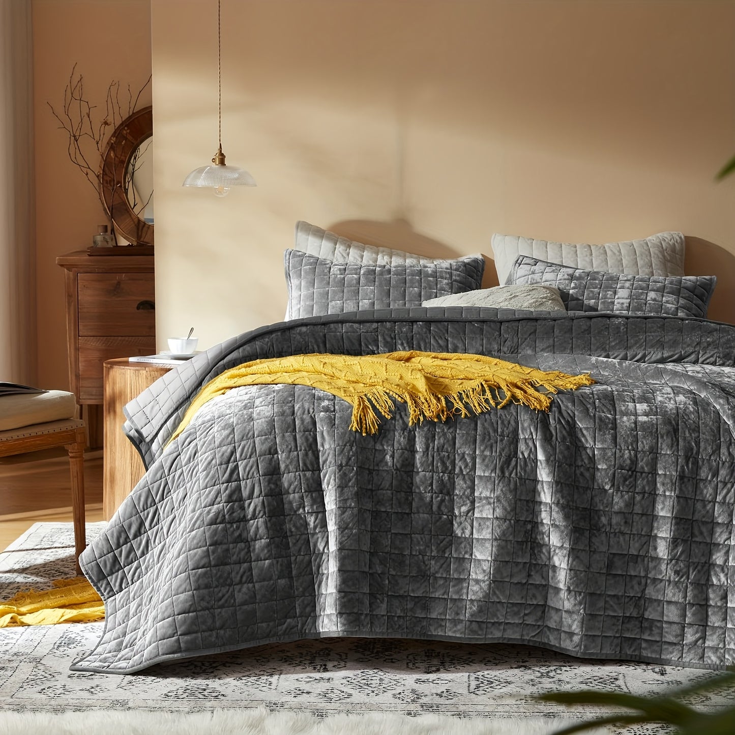 Velvet Quilt Full/Queen/King/California King Size, Lightweight Burnt Orange/Navy Blue Velvet Comforter Set with 2 Pillow Shams, Soft Bedspread Coverlet Quilted Bedding Set for All Season