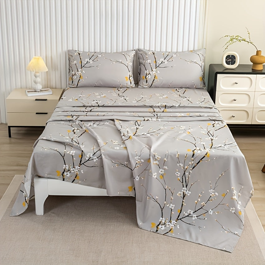 4pcs Multicolour Tree Branch Plum Blossom Sheet Protector Bed Sheet Pillowcase Four-piece Set (1 Bed Cap +1 Bed Sheet +2 Pillowcase Without Pillow Core), Deep Pocket In 15 Inch, Bedroom Dormitory High Definition Printing Room Decor