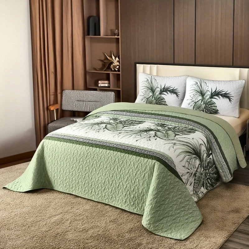 Large Floral Double-Sided Quilted Bedspread 3pcs Set: One Bedspread, Two Pillowcases (No Pillow Inserts). Skin-Friendly, Breathable, Soft. Full/Queen/King Size. Suitable for All Seasons