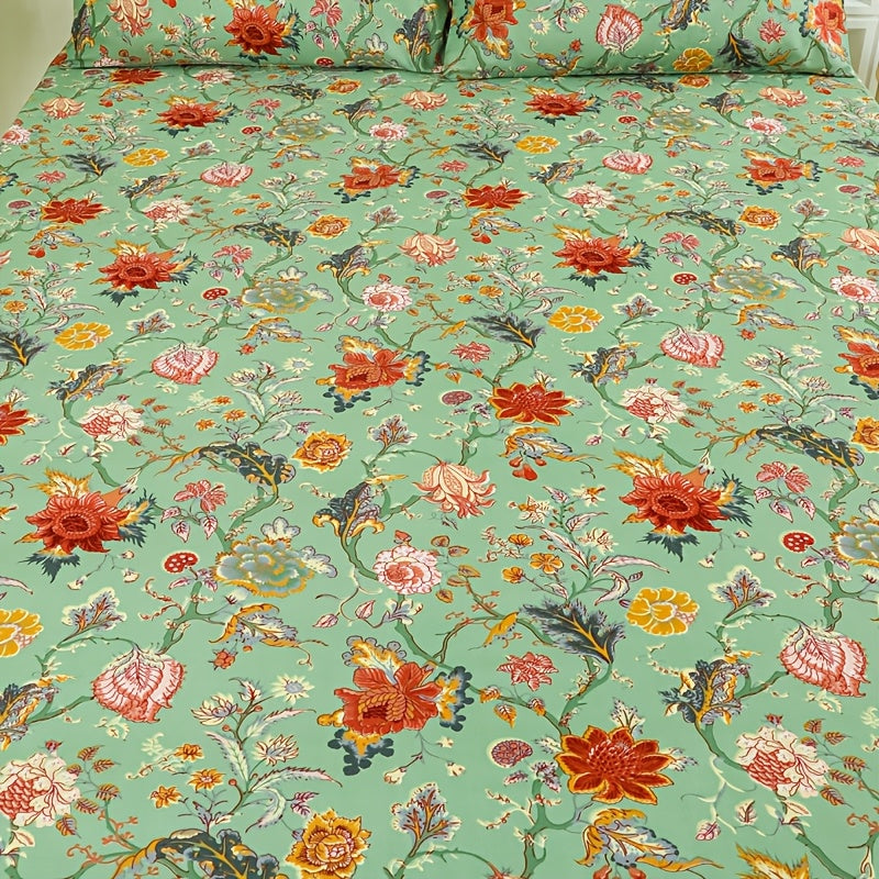 3pcs Fitted Sheet Set, Includes One Comfortable and Breathable Fitted Sheet and Two Pillowcases (pillow Inserts Not Included). Suitable for All Seasons, Featuring a Fresh Pea Green Base Adorned with Vibrant Red and Pink Blossoms. The Intertwined