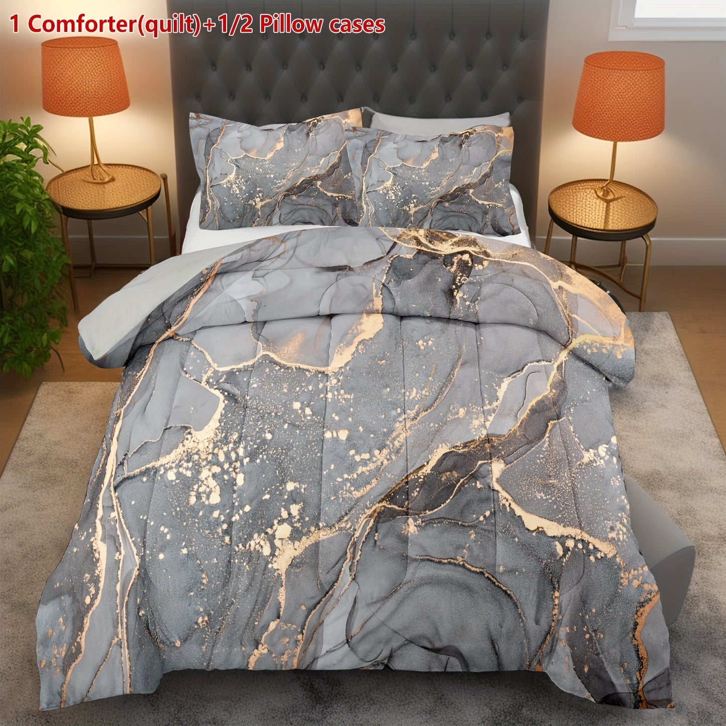 Set of 2 Or 3pcs Featuring a Marble Print Comforter in Gray And Golden, Including 1 Comforter (Quilt) And 1 Or 2 Pillowcases Without The Core, Showcasing a Soft Golden Abstract Wave Design in an Ottoman Style