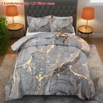 Set of 2 Or 3pcs Featuring a Marble Print Comforter in Gray And Golden, Including 1 Comforter (Quilt) And 1 Or 2 Pillowcases Without The Core, Showcasing a Soft Golden Abstract Wave Design in an Ottoman Style