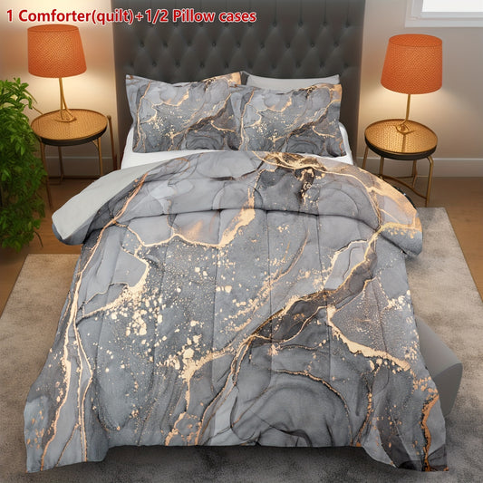 Set of 2 Or 3pcs Featuring a Marble Print Comforter in Gray And Golden, Including 1 Comforter (Quilt) And 1 Or 2 Pillowcases Without The Core, Showcasing a Soft Golden Abstract Wave Design in an Ottoman Style