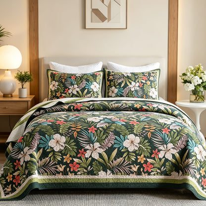 3pcs Green Patchwork Quilt Set Reversible Bedspread Lightweight Bedding with 2pcs Pillow Shams, All Season