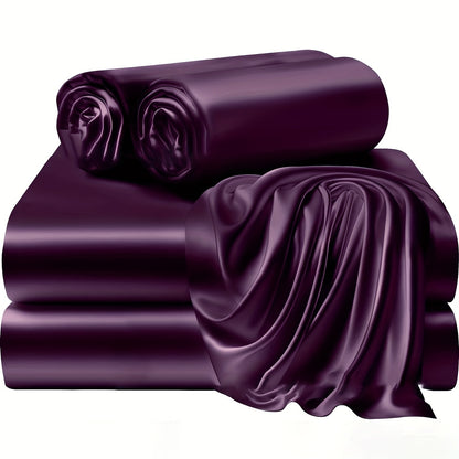 4pcs 100% Polyester 80G Satin Fitted Sheet Set [1 Fitted Sheet + 1 Flat Sheet + 2 Pillowcases (Without Inserts)] Soft Fabric Bedroom All-Season Versatile Style No Shrinkage No Pilling Machine Washable Light Luxury High-End Fitted Sheet Student Dormi