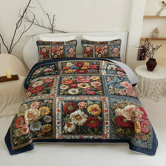 2/3pcs Luxurious Vintage Floral Printed Durable Quilted Bedspread Set (1 Bedspread + 1/2 Pillowcases Excluding Pillow Inserts), Available in Queen And King Sizes for Home And Dorm Use with High-Definition Printing. Breathable And Easy to Care For