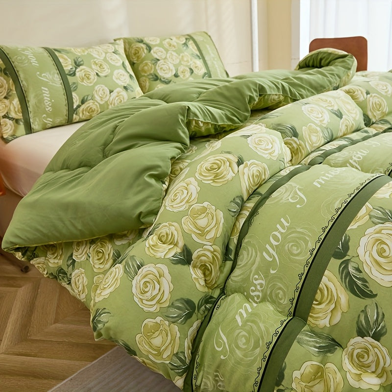3pcs Fresh Green Rose Floral Set/Active Printing Technology/Multi-Directional Fixed Quilting/High Rebound Polyester Fiber Filling/Softer And Fluffier Feel/Suitable for Year-Round Use in Bedrooms, Guest Rooms, Dormitories