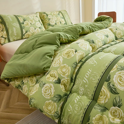 3pcs Fresh Green Rose Floral Set/Active Printing Technology/Multi-Directional Fixed Quilting/High Rebound Polyester Fiber Filling/Softer And Fluffier Feel/Suitable for Year-Round Use in Bedrooms, Guest Rooms, Dormitories