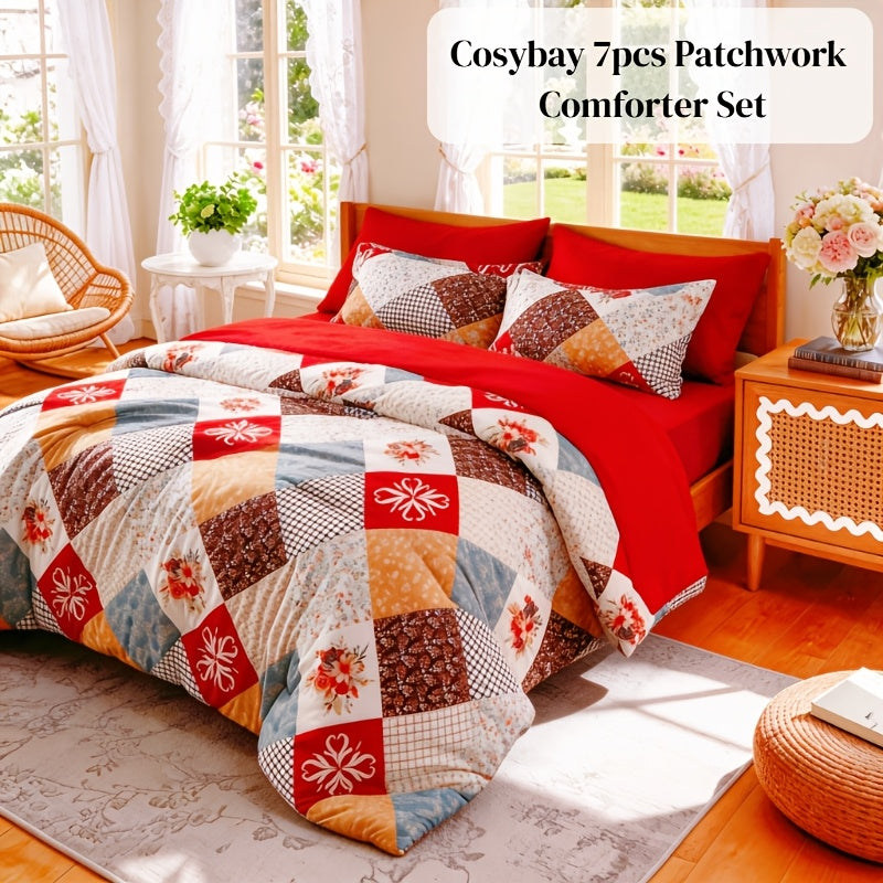 King Size Comforter Set- 7pcs Boho Bed In A Bag Queen Size Include 1 Patchwork Down Alternative Quilt & 1 Flat Sheet & 1 Fitted Sheet In 16" Deep Pockets & 2 Pillowcase & 2 Printed Pillow Shams, Bedding Sheet Set For All Seasons, Machine