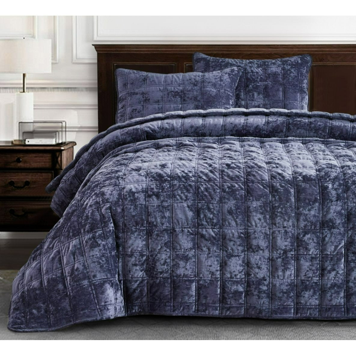 3-Piece Distressed Velvet Quilt Set, Piers Plush Velvet Bedspread Soft Washed Microfiber Reverse with Double Square Stitch Oversized King/King/Queen Size
