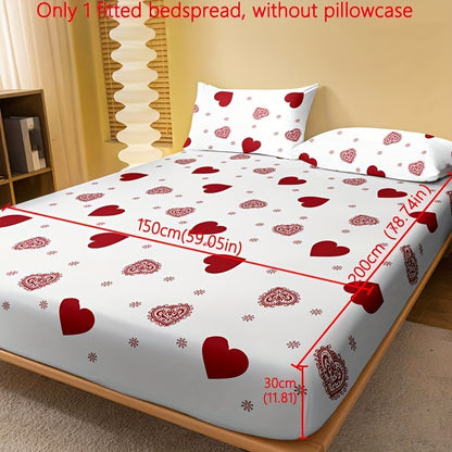 1pc Fitted Sheet, Red And White Heart Pattern Printed Bedding, Soft Comfortable Breathable Fitted Sheet for Bedroom, Guest Room, Fitted Bed Sheet Only