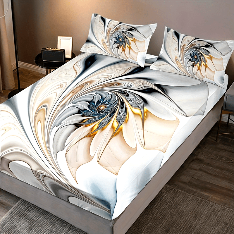 3pcs Marble Pattern Fitted Sheet Set - Includes 1 Deep Pocket Fitted Sheet & 2 Pillowcases, Breathable Polyester, Machine Washable for All Seasons - Perfect for Home & Dorm Decor