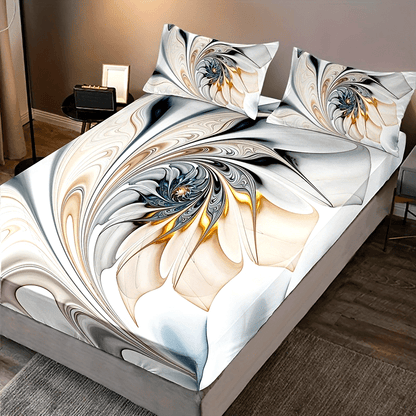 3pcs Marble Pattern Fitted Sheet Set - Includes 1 Deep Pocket Fitted Sheet & 2 Pillowcases, Breathable Polyester, Machine Washable for All Seasons - Perfect for Home & Dorm Decor