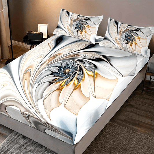 3pcs Marble Pattern Fitted Sheet Set - Includes 1 Deep Pocket Fitted Sheet & 2 Pillowcases, Breathable Polyester, Machine Washable for All Seasons - Perfect for Home & Dorm Decor